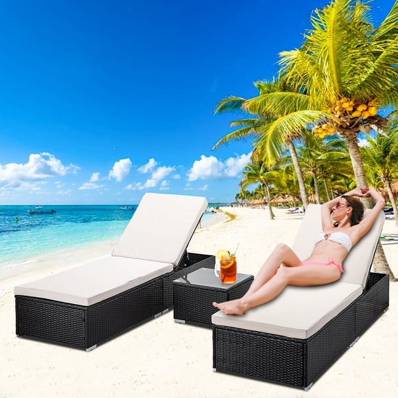 Segmart 3 Pieces Patio Rattan Wicker Chaise Lounge Furniture Set, Pool Reclining Chaise Chairs Set of 2 with 5-Level Angles Adjust Backrest, Outdoor Set with Coffee Table & Thick Cushions