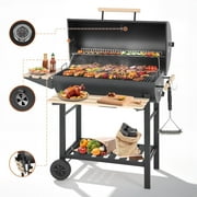 Charcoal Grill Outdoor Barrel Grill, 30 inch BBQ Grill with Warming Rack & Foldable Side Shelf, Offset Smoker Grill with Thermometer for Outdoor Cooking, Black