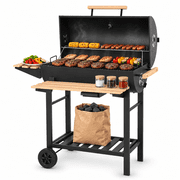Charcoal Grill Outdoor Barrel Grill, 30 inch BBQ Grill with Warming Rack & Foldable Side Shelf, Offset Smoker Grill with Thermometer for Outdoor Cooking, Black