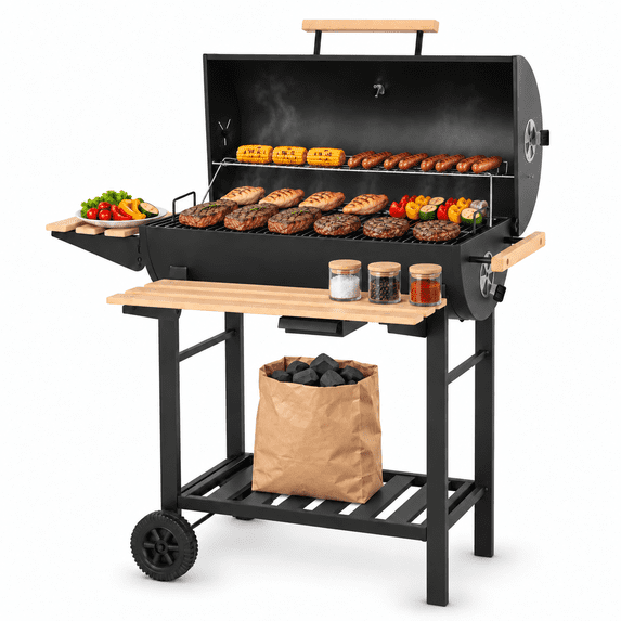 Charcoal Grill Outdoor Barrel Grill, 30 inch BBQ Grill with Warming Rack & Foldable Side Shelf, Offset Smoker Grill with Thermometer for Outdoor Cooking, Black