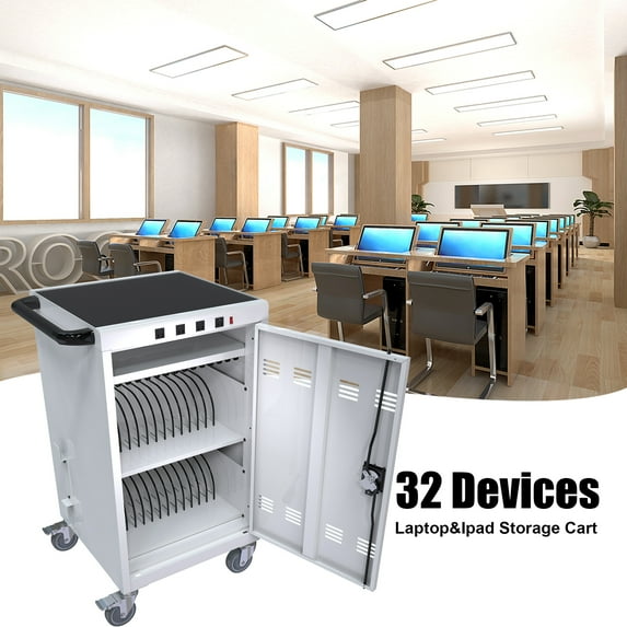 Segmart 32 Device Laptop Mobile Charging Cart for iPads, Tablets Laptop Storage Cart for Under 17'' Screen Chromebook Computers, Classroom Charging Station for School, Office, Healthcare, White