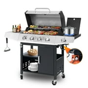 Segmart 4 Burner BBQ Propane Gas Grill with Side Burner, Stainless Steel 50,000 BTU Patio Barbecue Grill with Shelf, Gas Tank Hook, Towel Rack & Bottle Opener, Fits for Camping, Outdoor Cooking