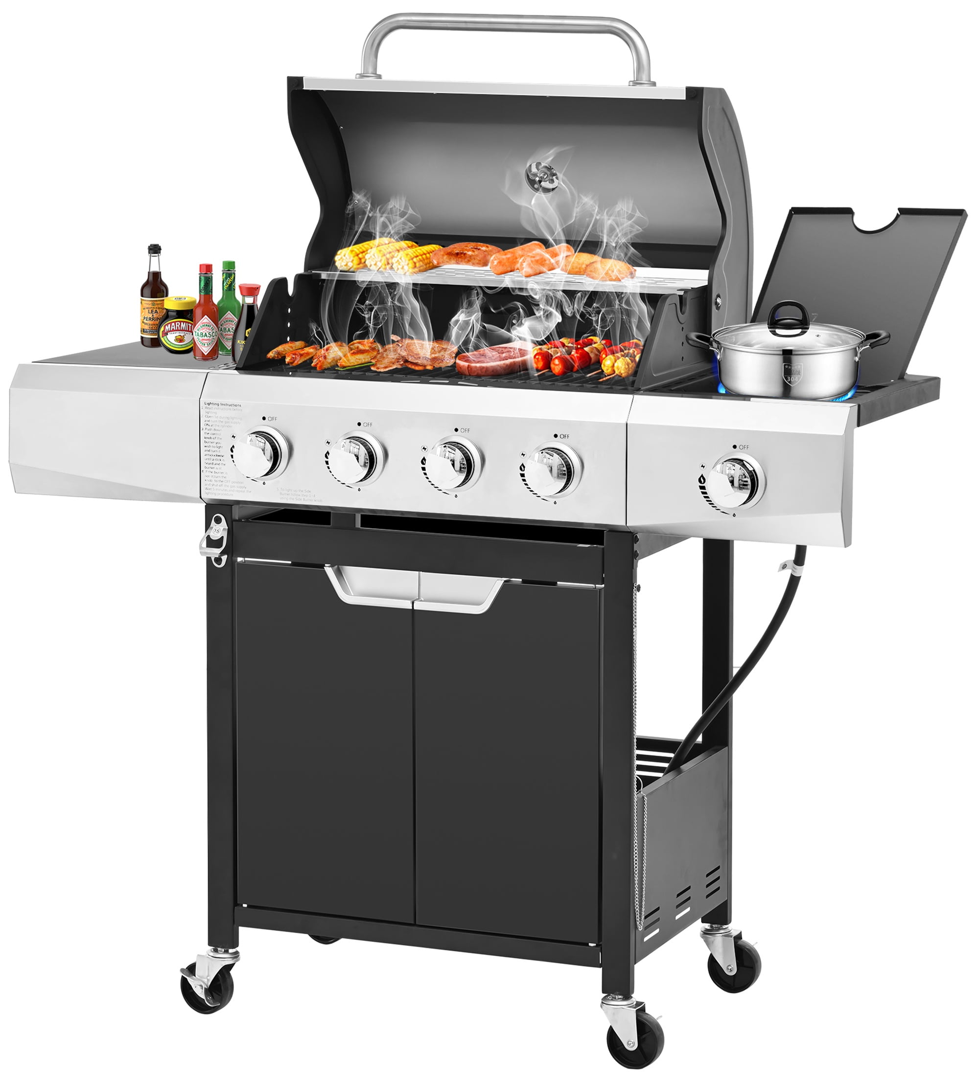 Segmart 4 Burner BBQ Propane Gas Grill with Side Burner, Stainless Steel 51,000 BTU Patio Garden Barbecue Grill with Tool Holder, Wheels, and Bottle Opener, Perfect for Camping, Outdoor Cooking
