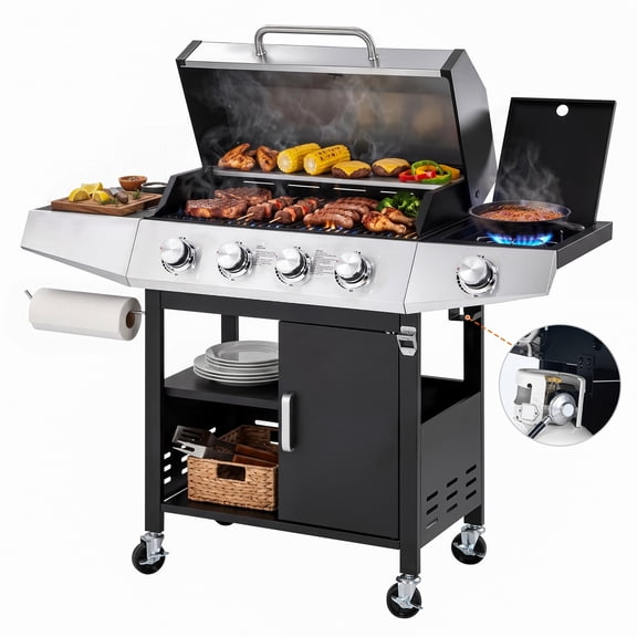 Segmart 4 Burner BBQ Propane Gas Grill with Side Burner, Stainless Steel 50,000 BTU Patio Barbecue Grill with Shelf, Gas Tank Hook, Towel Rack & Bottle Opener, Fits for Camping, Outdoor Cooking