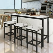 Segmart 4 Pcs Bar Set with Table and Stools, Metal Frame, White/Marble