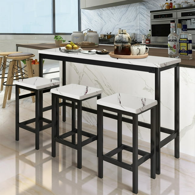 Segmart 4 Pcs Bar Set with Table and Stools, Metal Frame, White/Marble