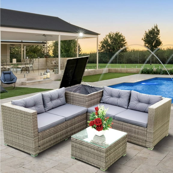 Segmart 4 Piece Outdoor Patio Furniture Set with Storage Box,Wicker Rattan Conversation Sectional Couch Set All-Weather,Glass Top Table and Cushion,Grey
