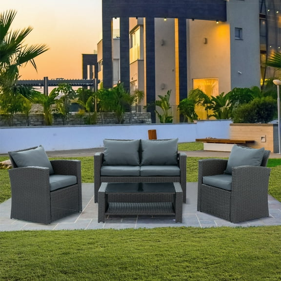 Patio Conversation Sets for Backyard, 4 Pieces Outdoor Wicker Furniture Set with Black Seat Cushions & Tempered Glass Dining Table, Wicker Sofa Sets for Porch Poolside Backyard Garden, S13097