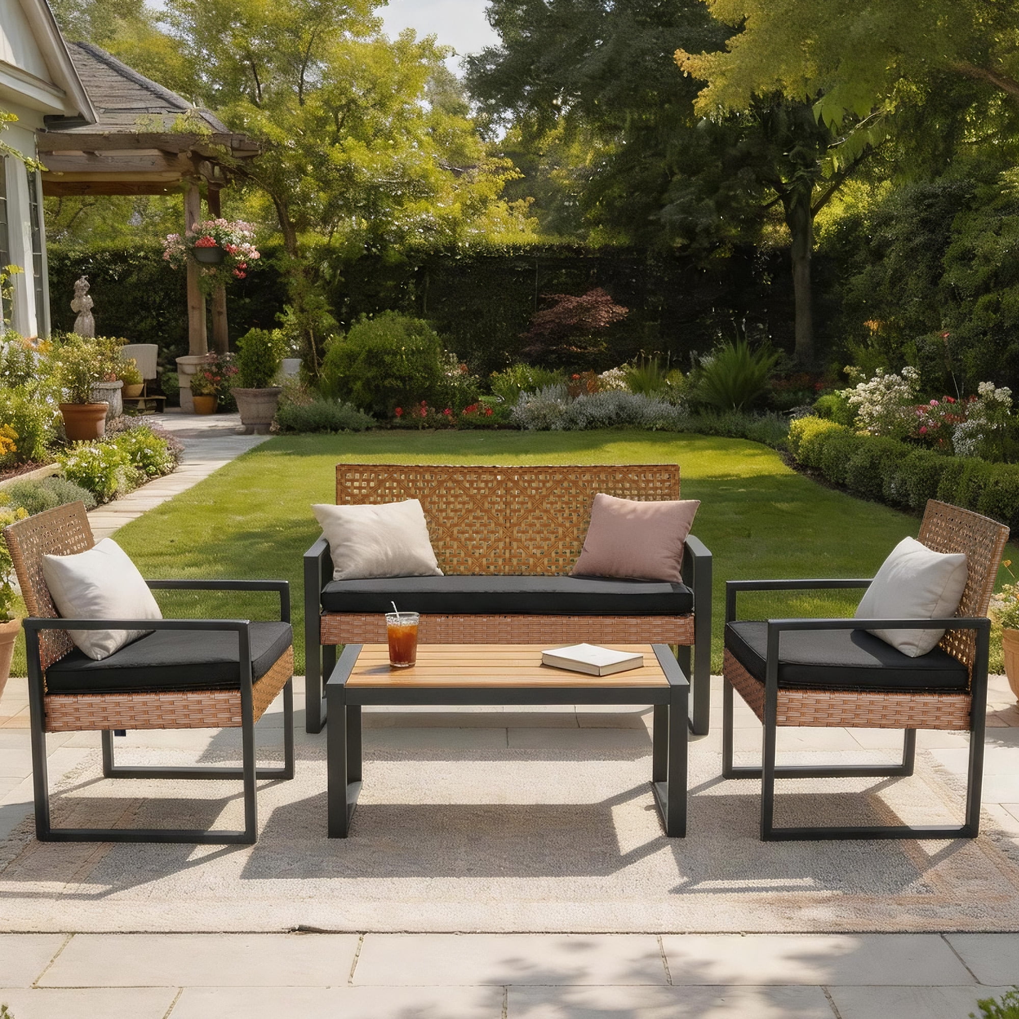 Segmart Patio Conversation Set for Outdoor,Upgrade 4-Piece Conversation Furniture Set w/Loveseat Sofa, 2 Single Sofas, Coffee Dining Table and Padded Cushions, Max Weight 705 lbs, Brown