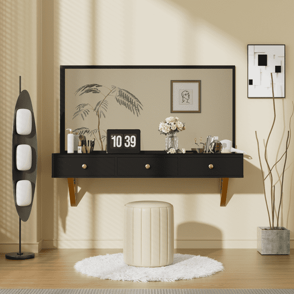 Segmart 47" Floating Vanity Table with Drawer, Wall-Mounted Makeup Desk with Storage, Floating Shelf for Bedroom Bathroom Salon, Black and Golden