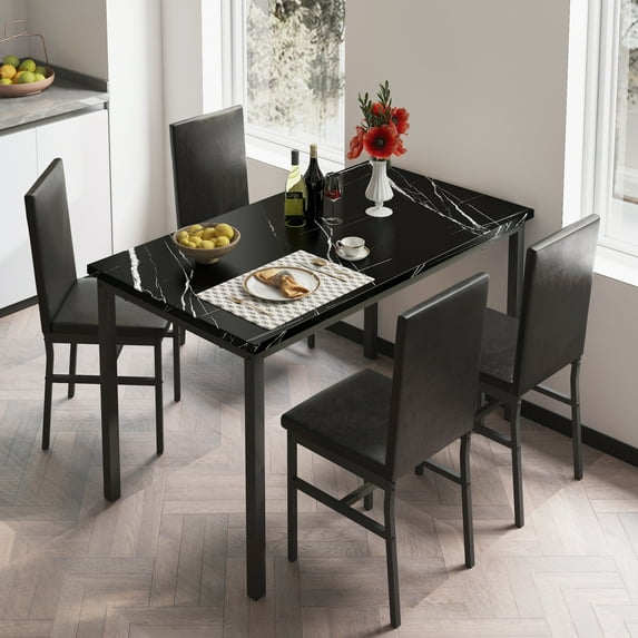 Segmart 5 Piece Faux Marble Rust-Resistant Dining Table with Chair Black