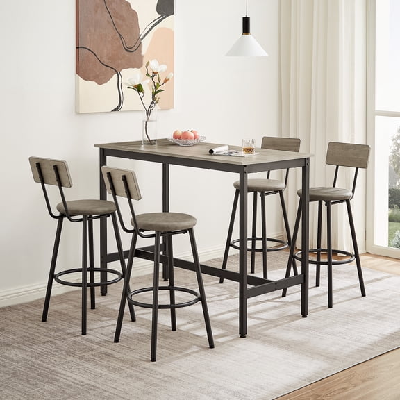 Industrial Style Dining Table Set, Counter Height Pub Table and Chairs Set for 4, Rectangular Bar Table with 4 PU Upholstered Stools for Dining Room Breakfast Nook Pub - Space Saving, B481