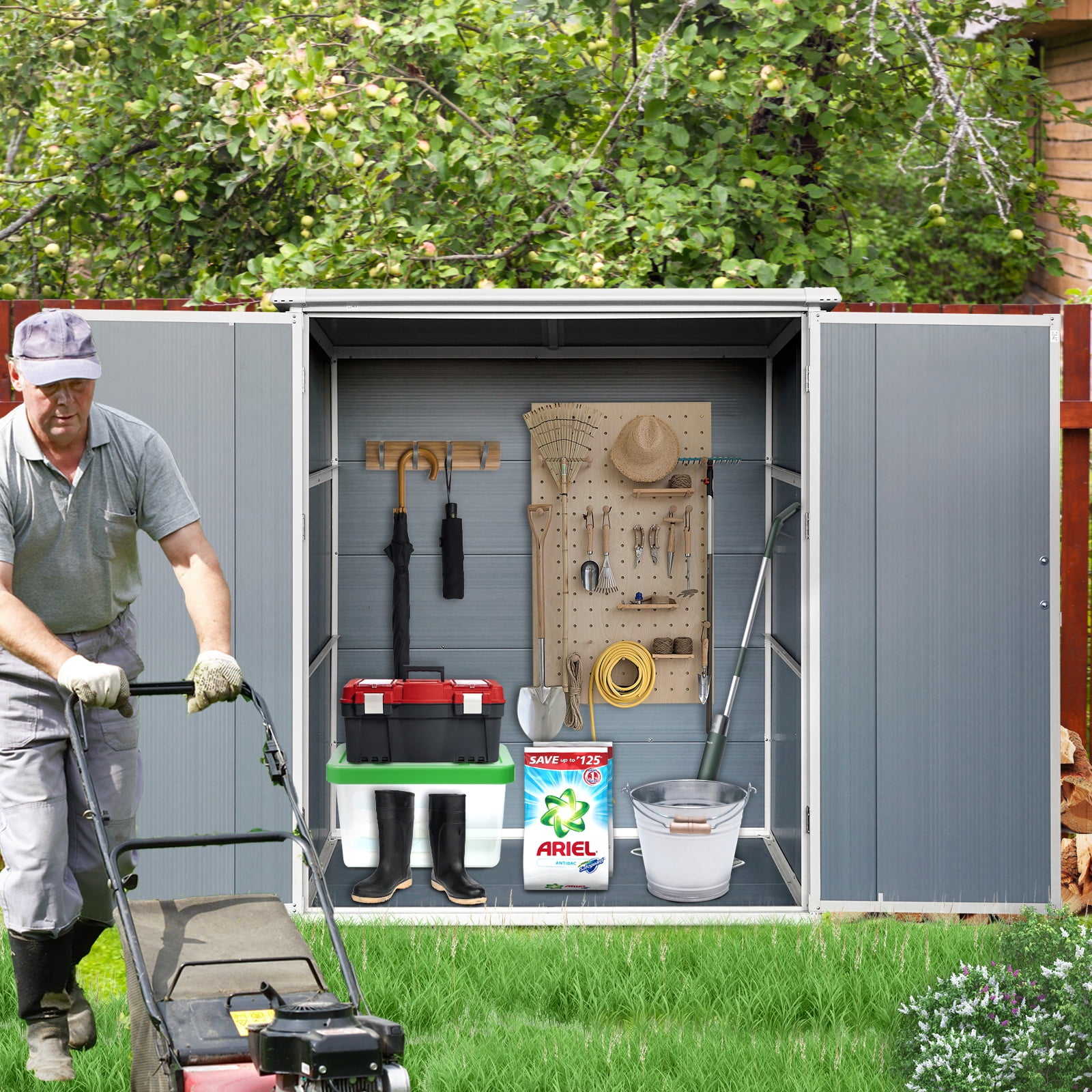 Gray Resin Outdoor Storage Shed with Lockable Doors
