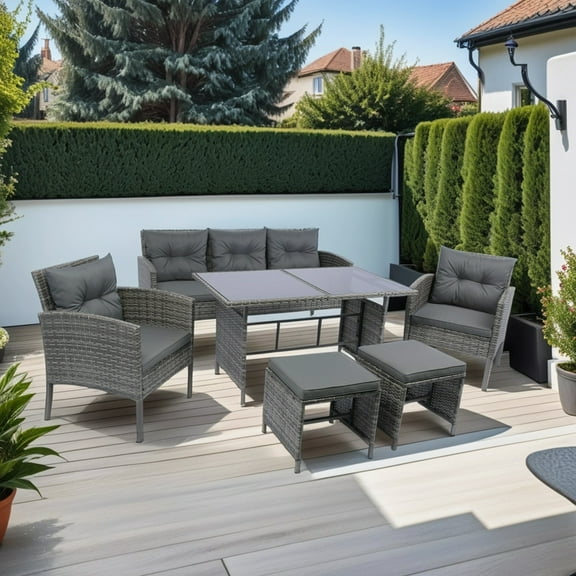 Segmart 6 Piece Patio Wicker Sectional Set Patio Backyard Conversation Set Grey Wicker + Dark Grey Cushion