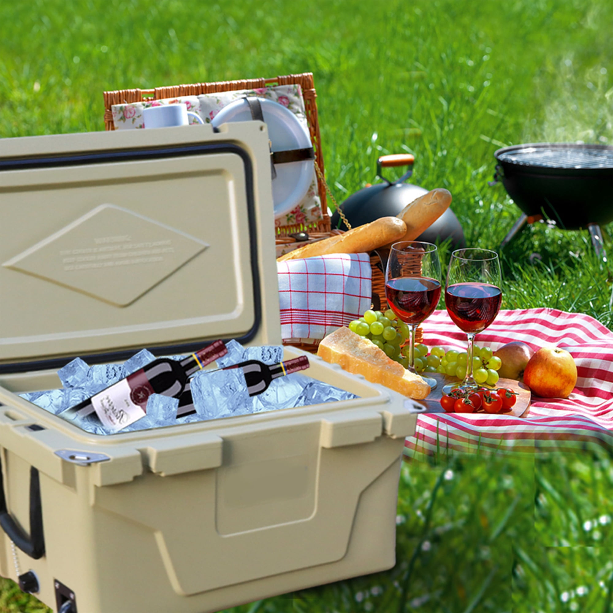 Segmart 65QT Hard Insulated Portable Cooler for Camping, Ultra-Light Insulated Ice Chest Box with 2 Wheels, Leak-Proof Cooler for Drink, Beverage, Beach, Camping, Picnic, Barbecue, Khaki