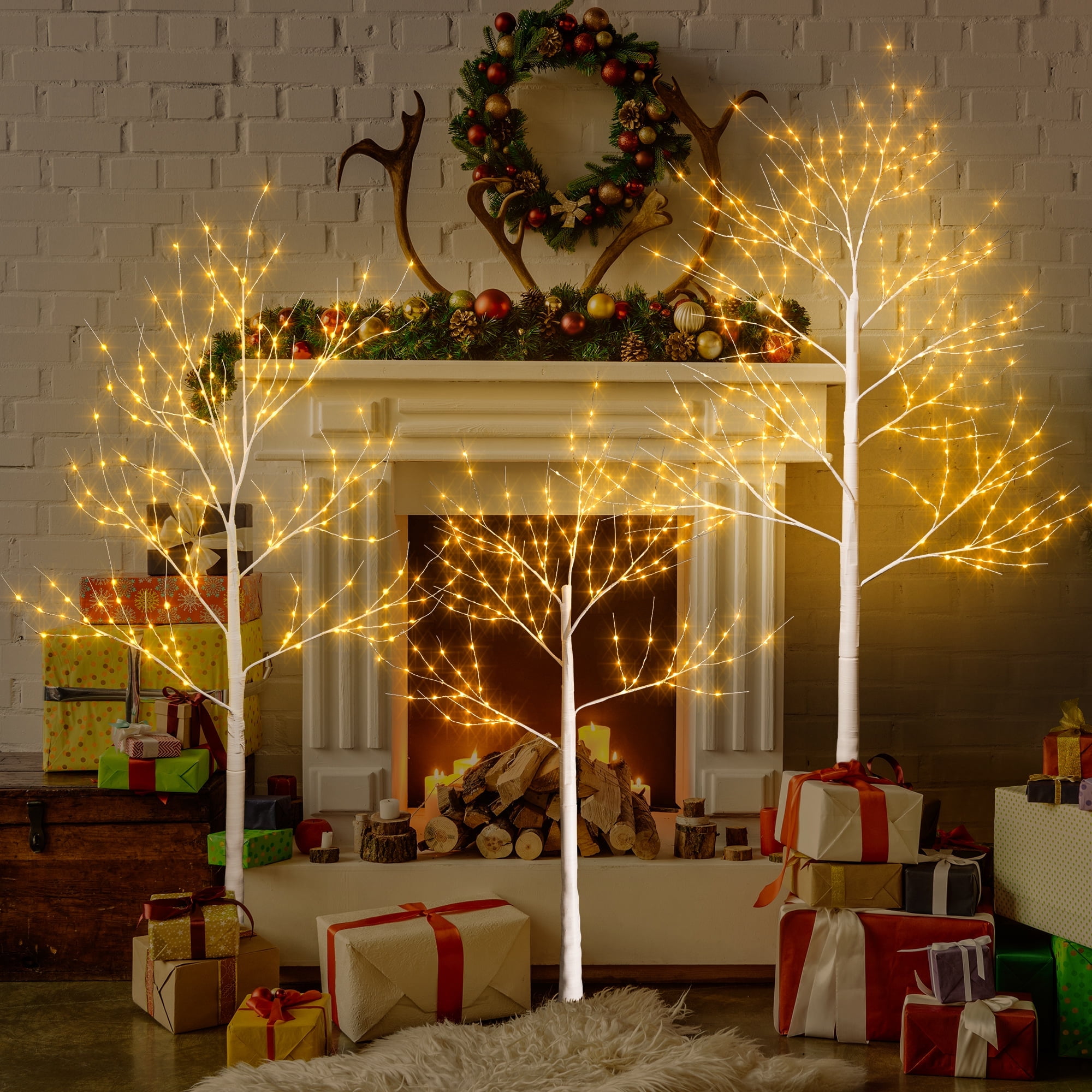 3-Pieces Lighted Birch Trees Sets, Segmart Indoor Outdoor Christmas Tree with 650 LED, Stand and Timer, Christmas Porch Decorations Lighted Trees Artificial for Festival, Party,6FT+5FT+4FT