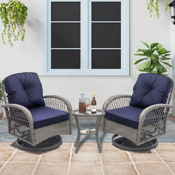 Outdoor Furniture Set of 2, Ratta Wicker Patio Swivel Rocker Chairs, Cushioned Patio Porch Bistro Set, Navy