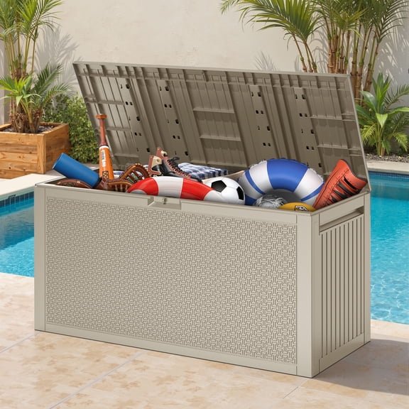 Segmart 90 Gallon Deck Box, All-Weather Outdoor Storage Box for Patio Furniture Cushions, Garden Tools & Pool Toys, Lockable Resin Storage Box, Waterproof & Tool-Free Assembly - Light Brown