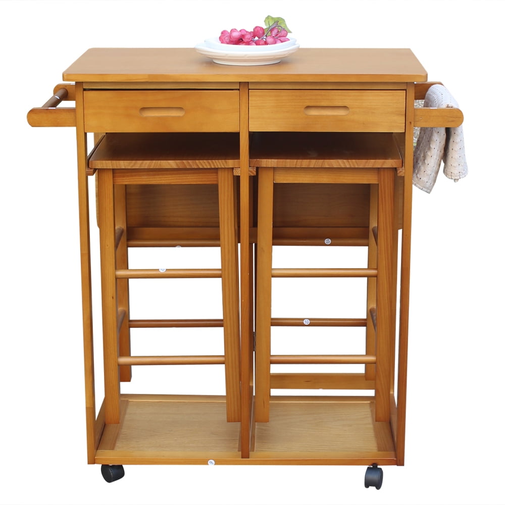 Segmart Drop-Leaf kitchen Island Cart with Dining Table and Bar Stools, Rolling Kitchen Trolley ...