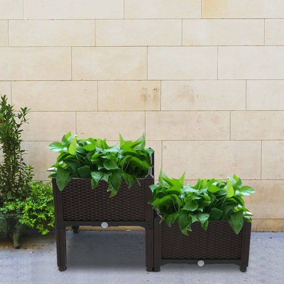 Segmart Elevated Plastic Raised Garden Bed Planter Kit, Set of 2 Self Watering Planters Box for Vegetables Fruits Strawberry Herbs, Outdoor Indoor Planting Container for Balcony, Brown, SS2232
