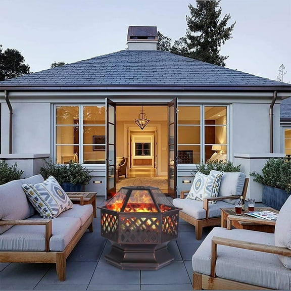 Segmart Fire Pit for Outside, Hexagon-shaped Outdoor Wood Burning Firepit w/Mesh Screen Lid, Poker, Multifunctional Heater/Grill/Ice Pit for Backyard Patio Garden BBQ Grill, Bronze