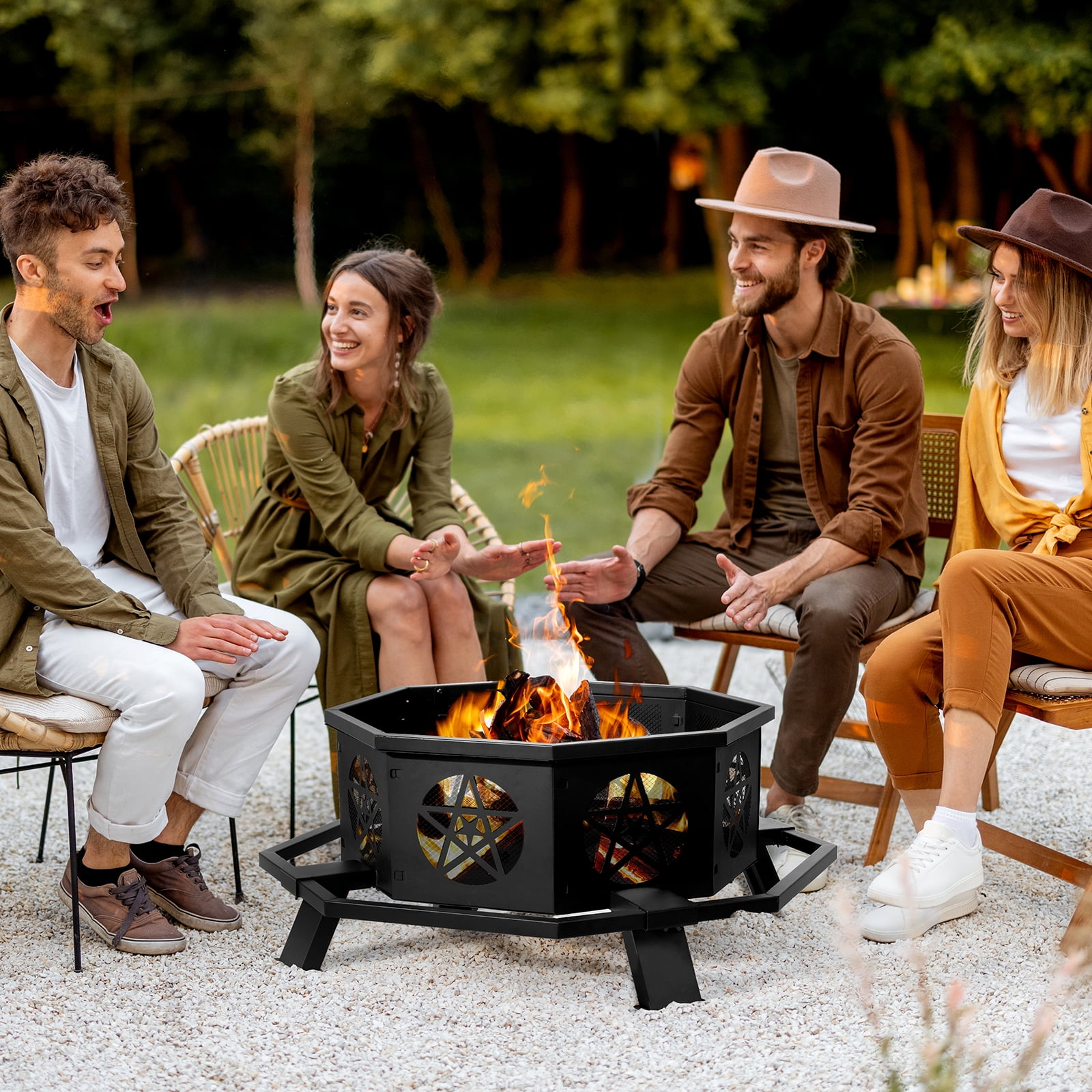 Segmart Fire Pits for Outside, 32" Wood Burning Fire Pit Tables with Mesh Screen Lid, Poker, Food Clip, Backyard Patio Fire Pit for Backyard Patio Garden BBQ Grill, Black, S7037