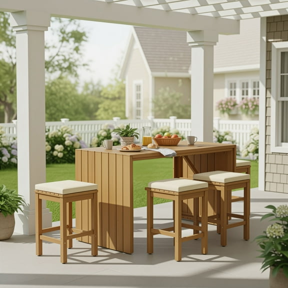 Segmart 5-Piece Acacia Wood Outdoor Bar Set with Beige Cushions, Bar Height Table and 4 Stools for Patio, Backyard, Poolside