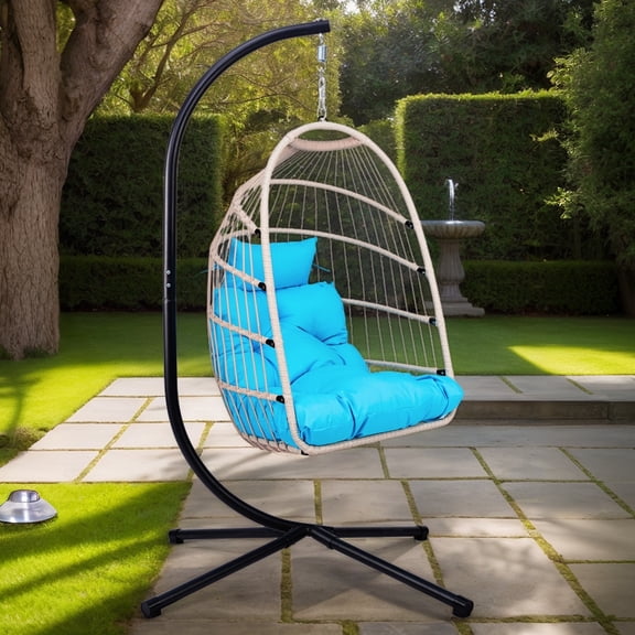 Egg Hanging Chair with Stand,Adjustable Hanging Chair Indoor Outdoor, Wicker Swing Chair for Patio Garden Balcony, Waterproof Cushion & Foldable Steel Stand- 350lb Capacity,Blue