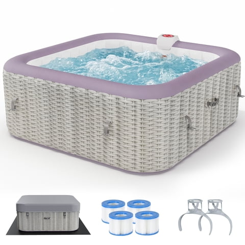 Segmart Inflatable Hot Tub for 4-6 People, Portable Outdoor Spa w/Built-in Pump, Home Spa Tub w/ 130 Bubble Jets, Heating & Filtration System, Includes Cover, Ground Mat & 2 Cup Holders