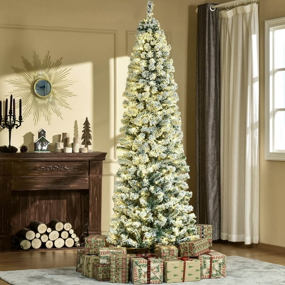 Segmart 7.5ft Slim Snow Flocked Christmas Tree Pre-Lit with 350 Warm White LED Lights, 641 Tips Artificial Douglas Fir for Small Spaces, Easy Assembly