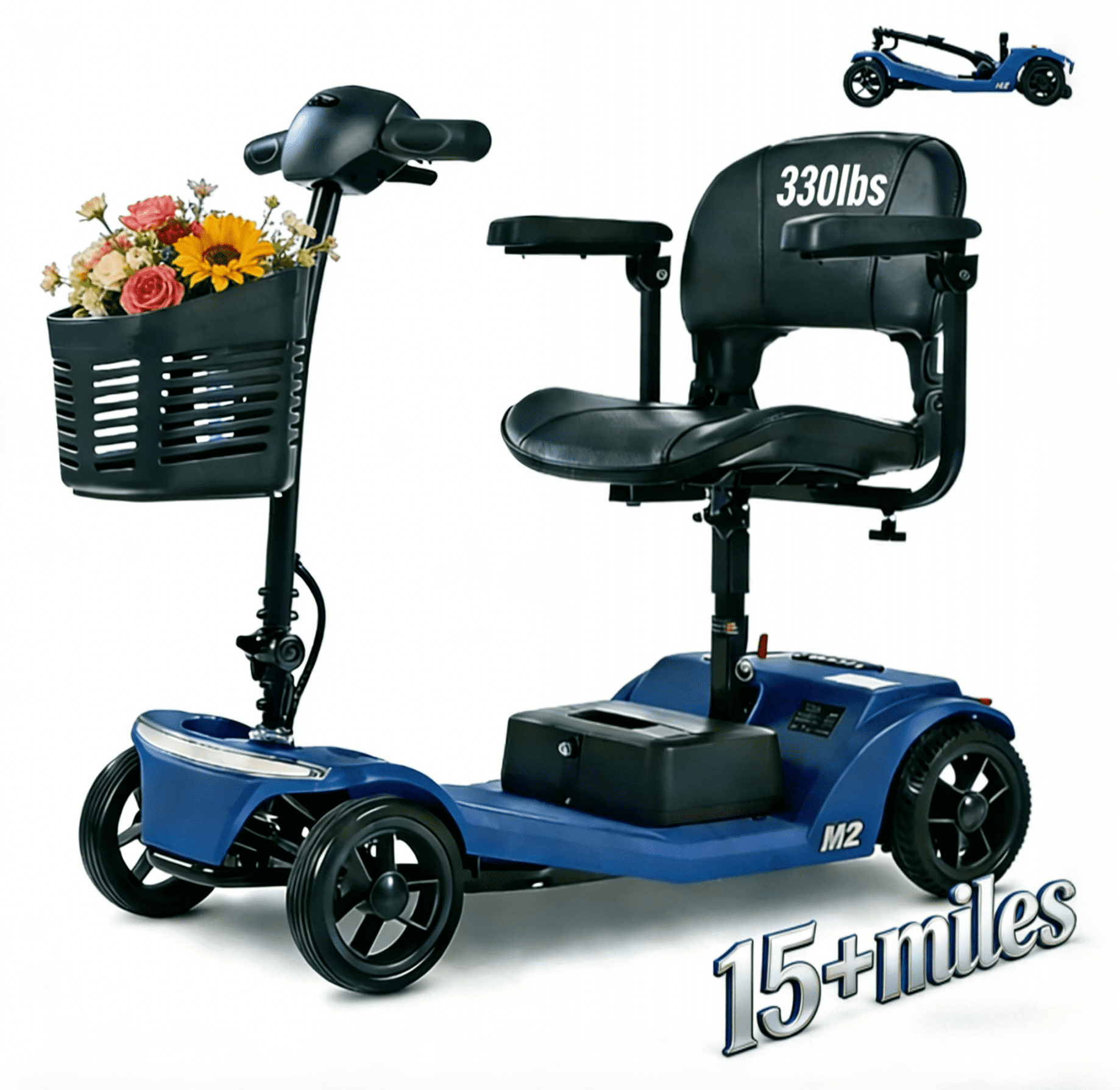 Segmart Mobility Scooter for Seniors & Adults, Foldable 4 Wheel Portable Electric Powered Scooter with Anti-Tip Wheels, LED Headlight & Basket,330 lb Capacity,15 Miles Max,Blue