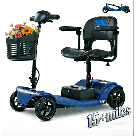 Segmart Foldable 4 Wheel Mobility Scooter for Seniors & Adults,Portable Electric Powered Scooter with 15+ Miles, Anti-Tip Wheels, 330 lb Capacity, LED Headlight & Front Basket,Blue
