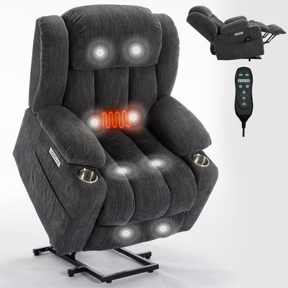 Power Lift Recliner Chair for Elderly with Massage & Heat, Heavy Duty 350 lbs Capacity,Electric Reclining Chair with USB Ports, Cup Holders, Pillow Top Arms, Medium-Firm Dark Gray Chenille