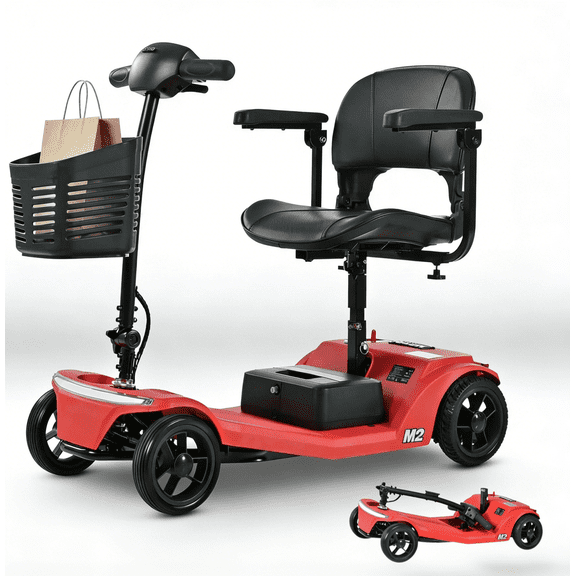 Segmart 4-Wheel Mobility Scooter for Seniors, Foldable Electric Power Scooter with 360° Swivel Seat, 350W Motor, Long-Range Removable Battery, LED Lights, Supports 330 lbs – red