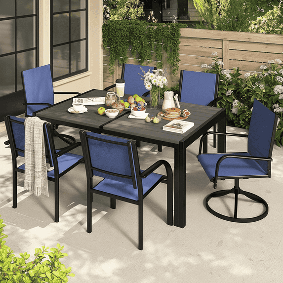 Segmart Outdoor Dining Set for 6 Person, Patio Table and Chairs Set with Textilene Armchairs & Swivel Chair, Conversation Furniture Set for Backyard, Poolside, Blue