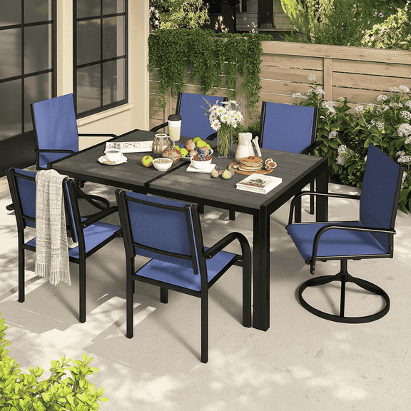 Segmart Outdoor Dining Set for 6 Person, Patio Table and Chairs Set with Textilene Armchairs & Swivel Chair, Conversation Furniture Set for Backyard, Poolside, Blue