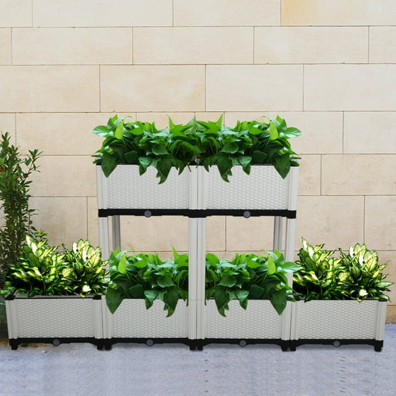 Segmart Outdoor Elevated Plastic Raised Bed Planter Kit, Set of 6 Free Splicing Injection Plastic Raised Garden Bed, 2 Tiers Elevated Planter Box with Legs for Patio, Deck, Balcony, White, SS2222
