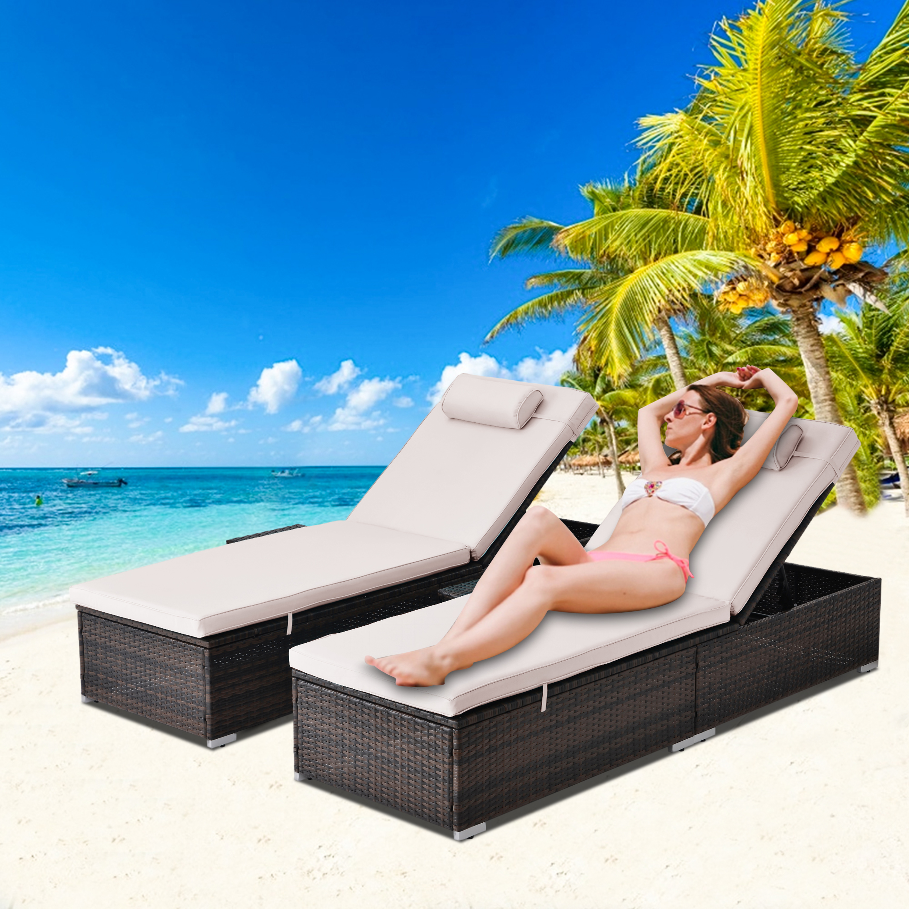 Segmart Outdoor Patio Chaise Lounge Chairs Furniture Set, PE Rattan Wicker Beach Pool Lounge Chair with Side Table, Adjustable 5 Position, Reclining Chaise Chairs, Beige, SS2350 - image 1 of 8