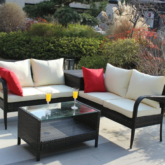 Segmart Outdoor Patio Conversation Set, Segmart 4PCS Outdoor Patio Rattan Sofa Set with Side Storage Box, Poolside Furniture Set for 4, Wicker Coffee Table, Beige and Brown