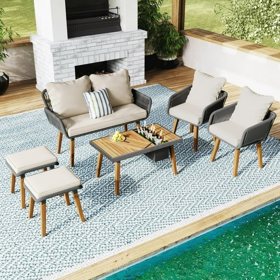 Segmart 6 Piece Patio Furniture Sofa Set,Outdoor Rope Furniture Acacia Wood Cool Bar Table with Ice Bucket,Sectional Conversation Set with Stools for Backyard Porch,Black & Beige
