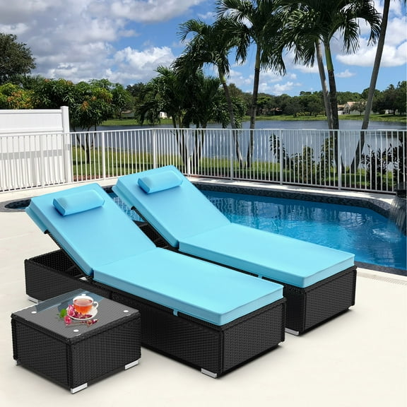 Segmart Outdoor Patio Lounge Furniture Set, 3 Pieces Adjustable Wicker Chaise Chairs with 2 Pillows, Poolside Folding Chaise Lounge Set with Cushions and Coffee Table, SS2111