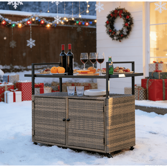 Outdoor Wicker Bar Cart, Portable Mobile Bar Table with Large Capacity Storage Cabinets ,Glass Countertop, Kitchen Island Cart, for Gardens, Pools, Patios, Outdoors, Brown..