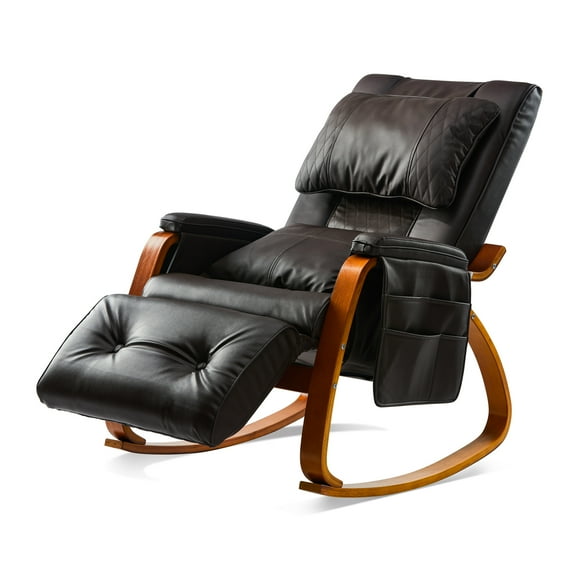 Segmart PU Leather Massage Reclining Rocking Chair, Comfortable Relax Rocking Chair Sofa with 5 Adjustable Footrests, 2 Pillow, Wood Frame & Storage Pockets, Dark Brown
