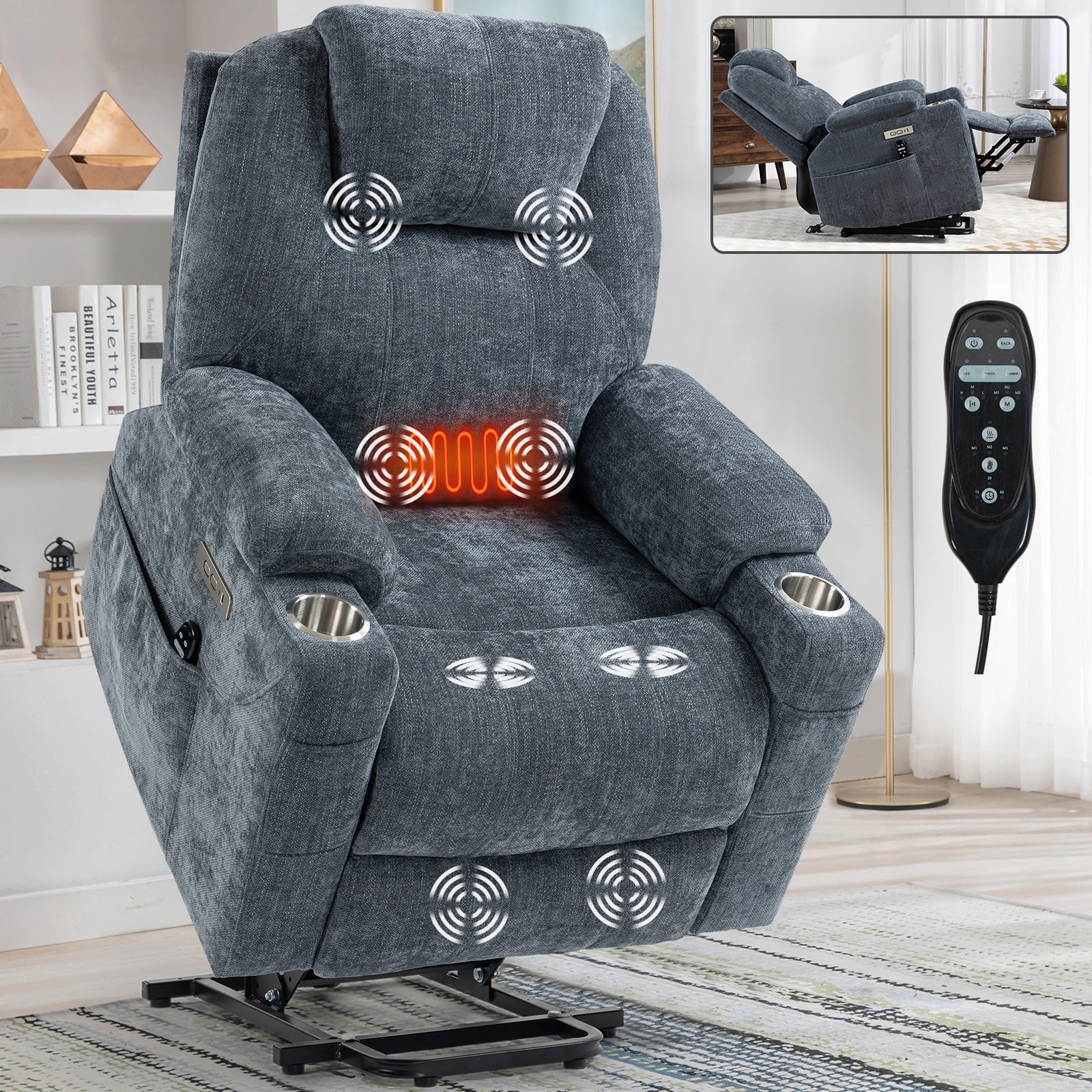 Chenille Power Lift Recliner Chair for Seniors, Heavy Duty 350 lbs Capacity with 8-Point Massage & Lumbar Heat, USB Type-A/C Ports, Stainless Steel Cup Holders, Living Room Comfort