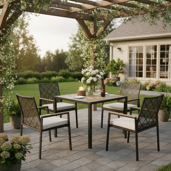 Segmart 5-Piece Patio Dining Set,All Weather Acacia Wood Table & PE Rattan Chairs, Water Resistant, 4-Seater Outdoor Furniture for Garden & Backyard，Dard Brown