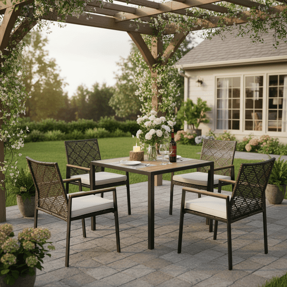 Segmart 5-Piece Patio Dining Set,All Weather Acacia Wood Table & PE Rattan Chairs, Water Resistant, 4-Seater Outdoor Furniture for Garden & Backyard,Dard Brown