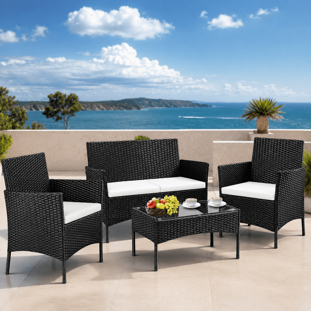 Segmart Patio Furniture Set, Rattan Wicker Chairs Set w/Table for 4, All-weather Conversation Set with Bold Steel Frame Black, Outdoor Furniture for Garden Lawn Backyard