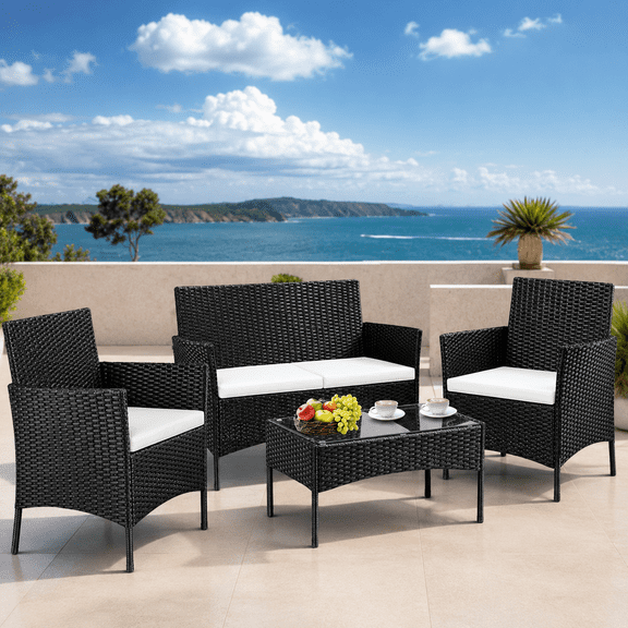 Segmart Patio Furniture Set, Rattan Wicker Chairs Set w/Table for 4, All-weather Conversation Set with Bold Steel Frame Black, Outdoor Furniture for Garden Lawn Backyard