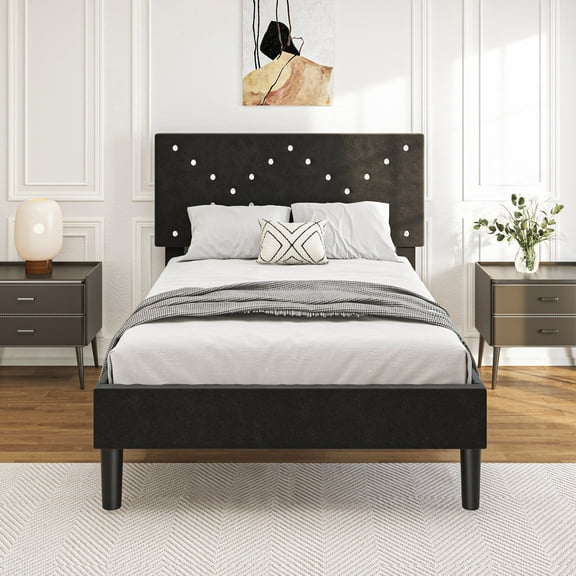 Segmart Twin Bed Frame with Adjustable Upholstered Button Headboard and Wooden Slats, Velvet Button Tufted Platform Bed Frame, Box Spring Needed, Easy Assembly, 500lbs, Black, SS721