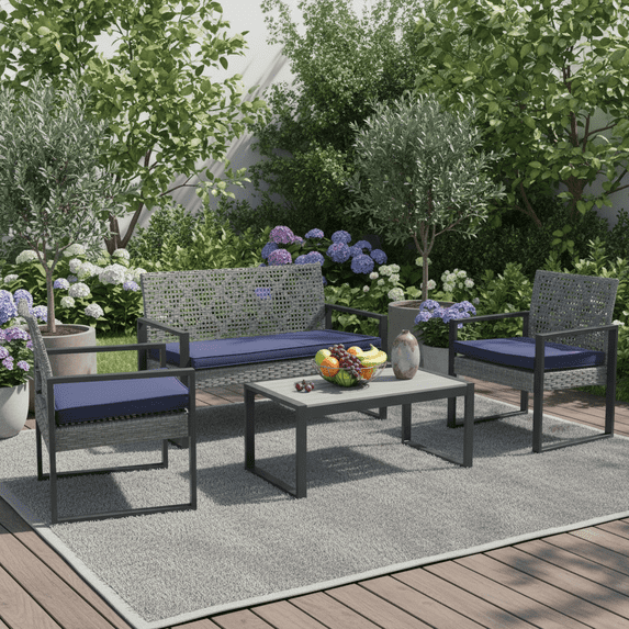 Segmart Rattan Patio Conversation Set, 4 Pieces Outdoor Sectional Sofa Set with Table, Gray Thick Cushioned Patio Furniture Set Loveseat Armchairs, Max Weight Over 350lbs